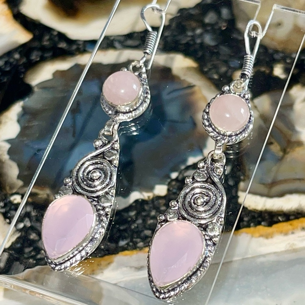 Chalcedony & Rose Quartz “Stone of Pure Love” Earrings 2 1/2”